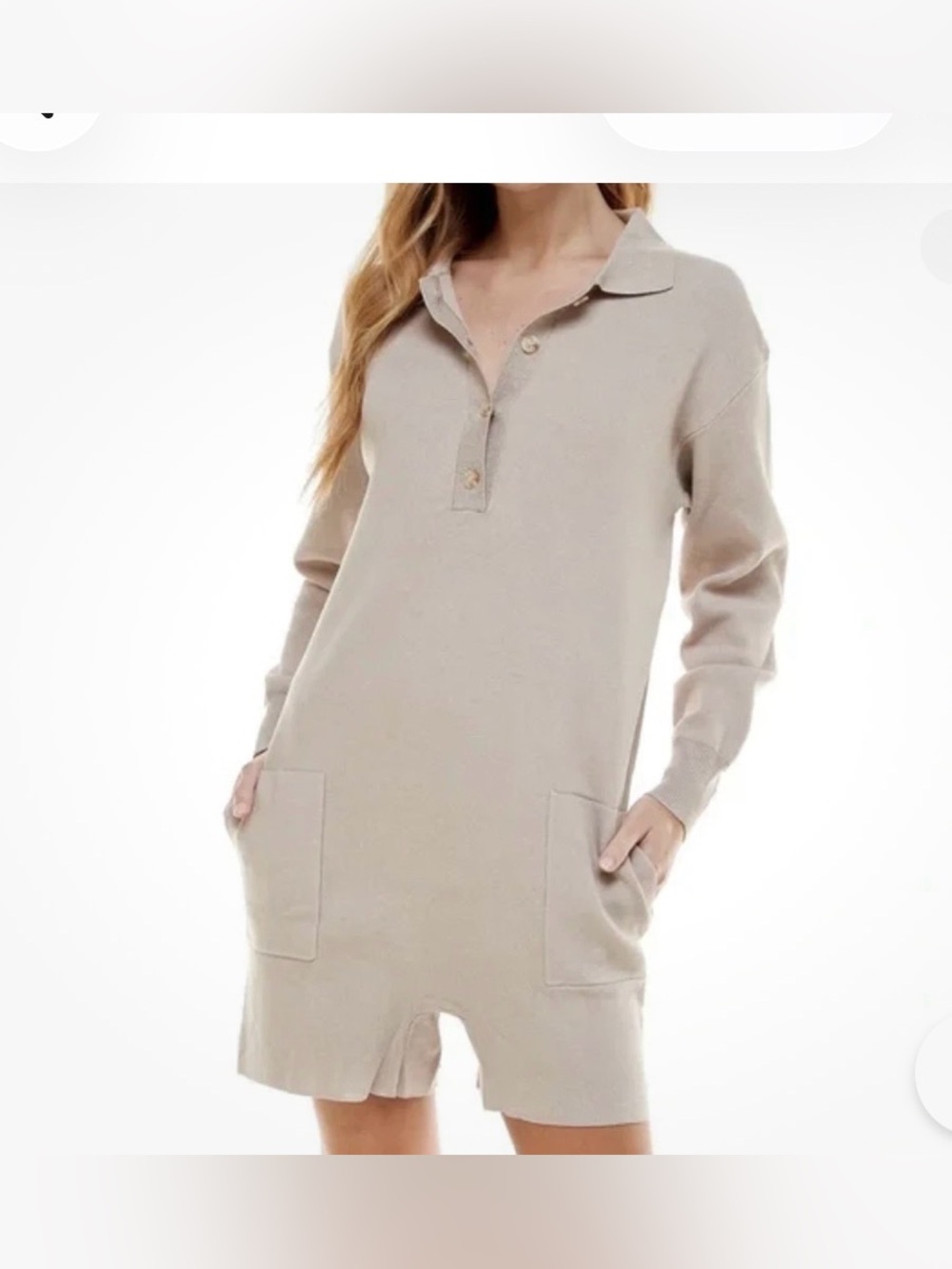 Women’s Size Small Collared Long-Sleeve Knit Romper in Beige